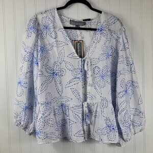 Hester & Orchard White/Blue Floral tie front ruffled blouse Flowy Sleeves SZ Med